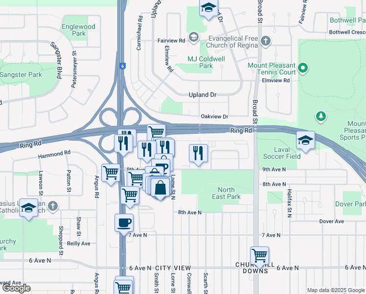 map of restaurants, bars, coffee shops, grocery stores, and more near 14 Schemmer Bay in Regina