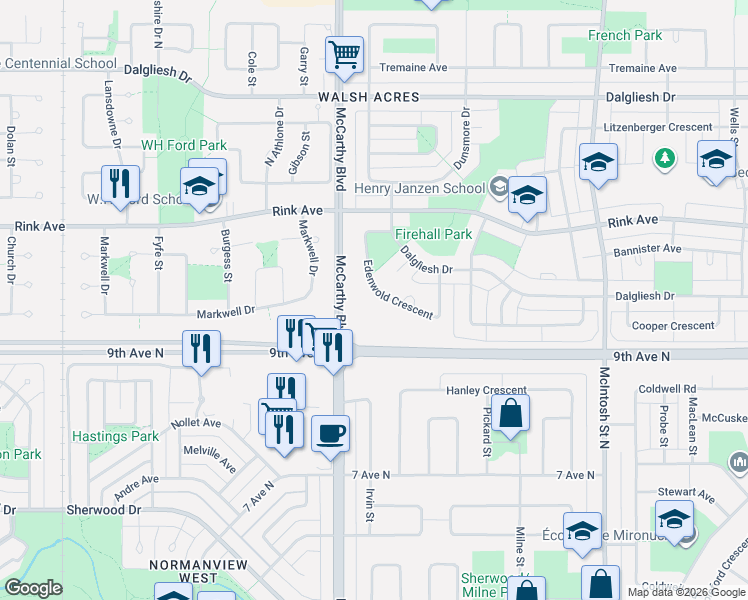 map of restaurants, bars, coffee shops, grocery stores, and more near 111 Edenwold Crescent in Regina