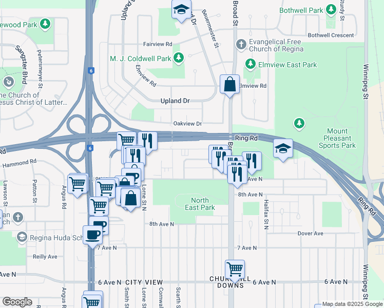 map of restaurants, bars, coffee shops, grocery stores, and more near 34 Kleisinger Crescent in Regina
