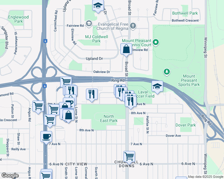 map of restaurants, bars, coffee shops, grocery stores, and more near 28 Kleisinger Crescent in Regina