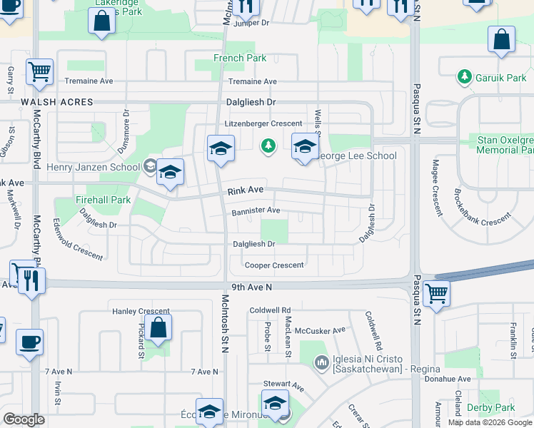 map of restaurants, bars, coffee shops, grocery stores, and more near 65 Bannister Avenue in Regina