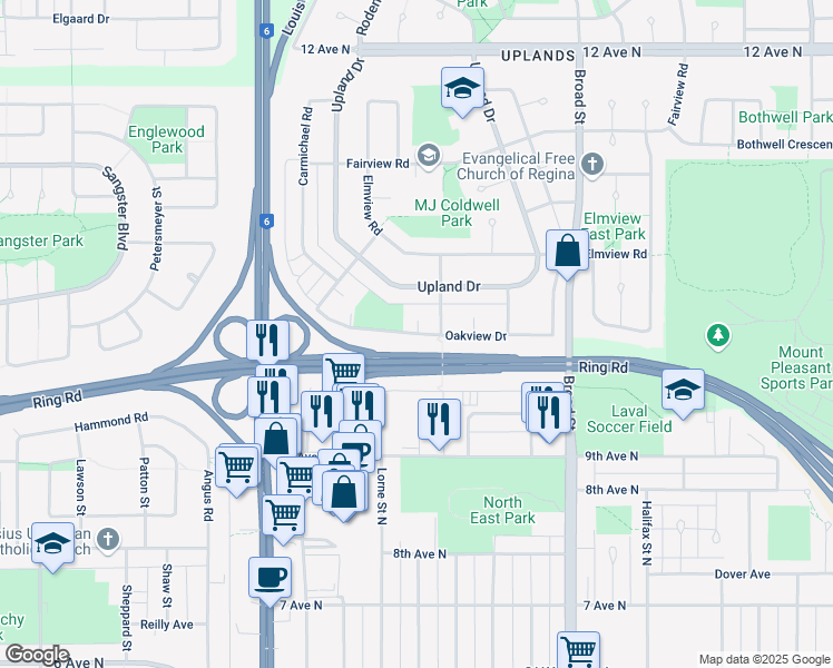 map of restaurants, bars, coffee shops, grocery stores, and more near Oakview Drive in Regina