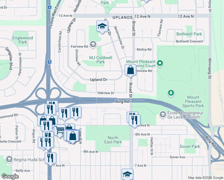map of restaurants, bars, coffee shops, grocery stores, and more near 301 Oakview Drive in Regina
