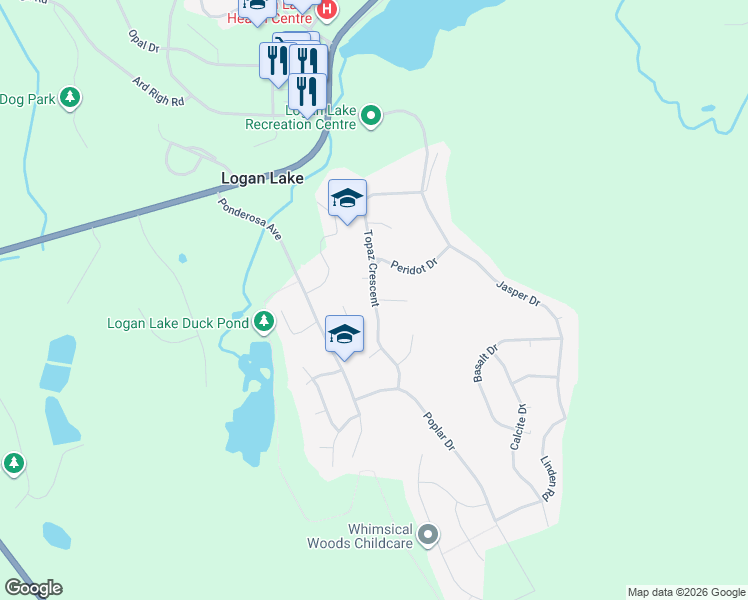 map of restaurants, bars, coffee shops, grocery stores, and more near 141 Topaz Crescent in Logan Lake