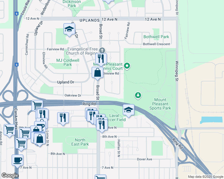 map of restaurants, bars, coffee shops, grocery stores, and more near Higgins Bay in Regina