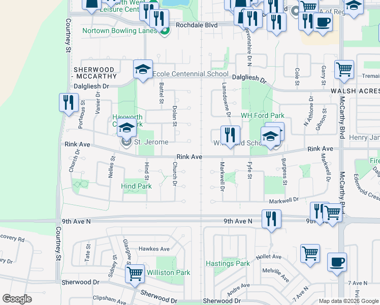 map of restaurants, bars, coffee shops, grocery stores, and more near 6618 Collins Bay in Regina