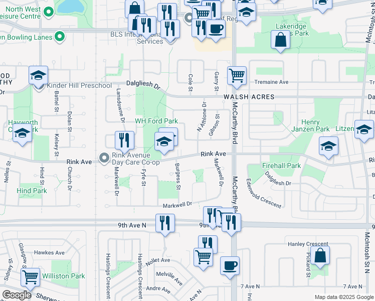 map of restaurants, bars, coffee shops, grocery stores, and more near 730 North Seymour Crescent in Regina