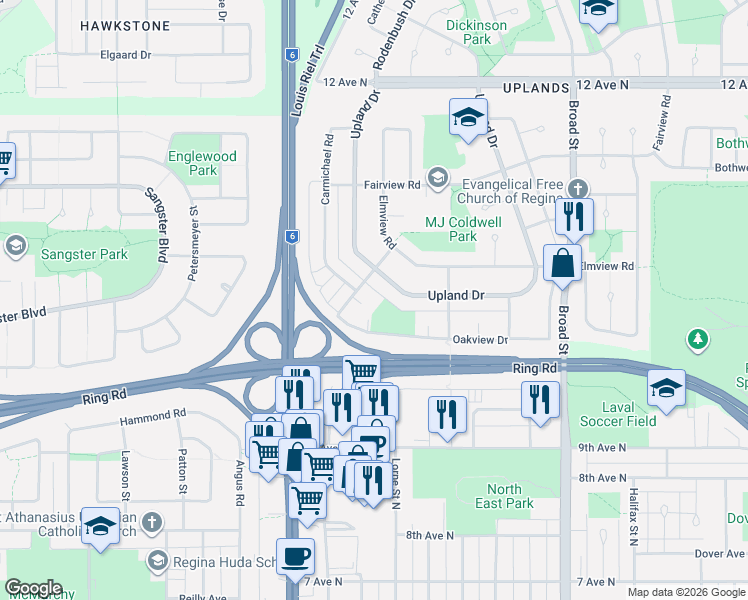 map of restaurants, bars, coffee shops, grocery stores, and more near 23 Spruceview Road in Regina