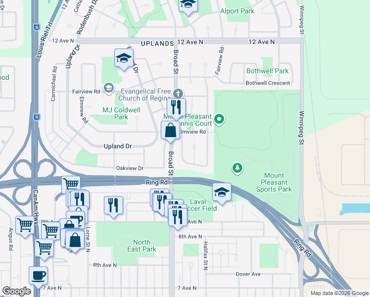 map of restaurants, bars, coffee shops, grocery stores, and more near 31 Lloyd Crescent in Regina
