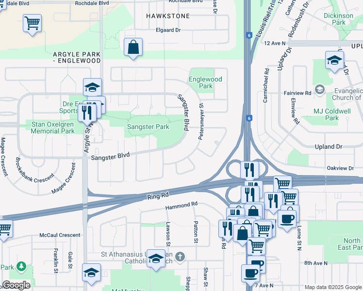 map of restaurants, bars, coffee shops, grocery stores, and more near 547 Sangster Boulevard in Regina