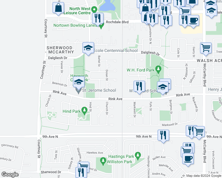 map of restaurants, bars, coffee shops, grocery stores, and more near 6618 Collins Bay in Regina