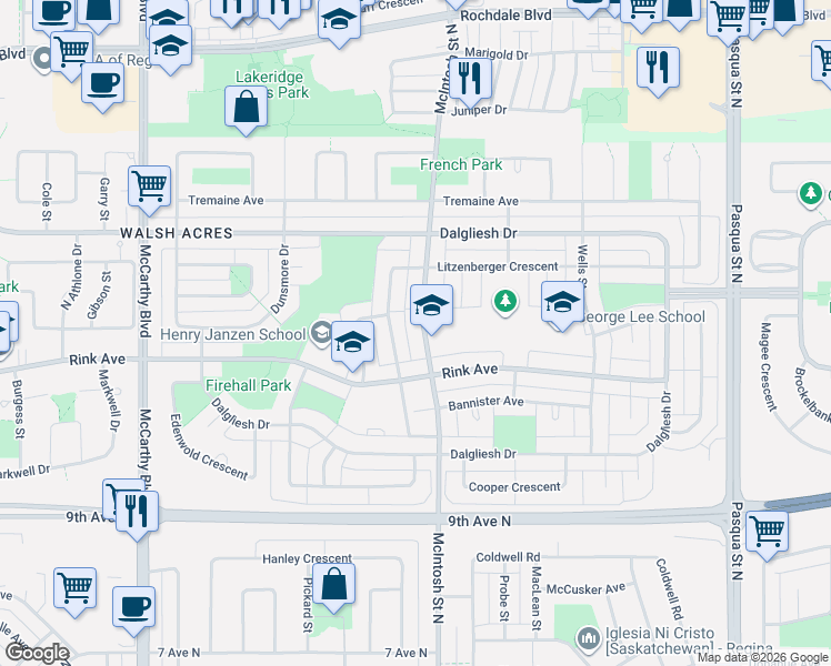 map of restaurants, bars, coffee shops, grocery stores, and more near 718 McIntosh Street North in Regina