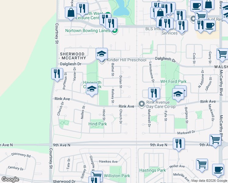 map of restaurants, bars, coffee shops, grocery stores, and more near 719 Kelsey Street in Regina