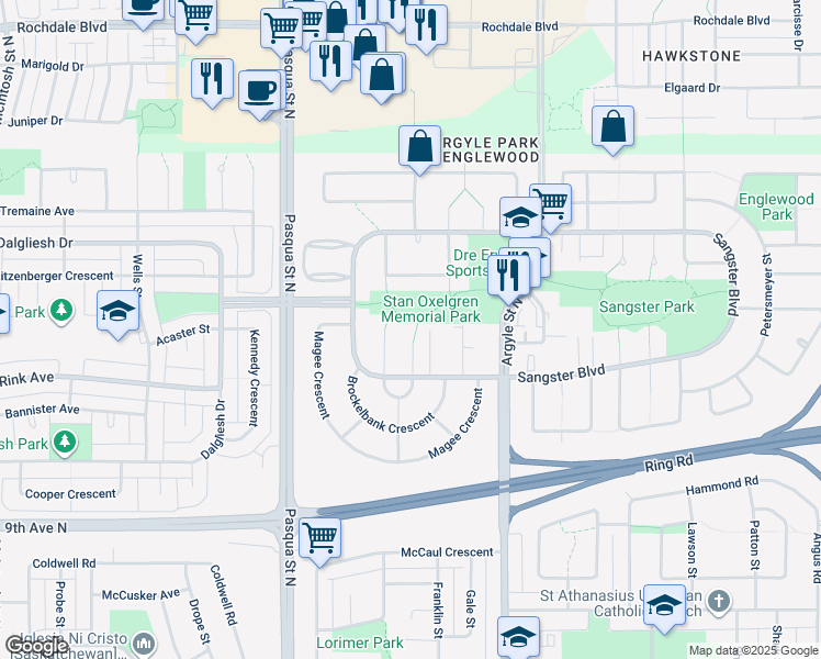 map of restaurants, bars, coffee shops, grocery stores, and more near 34 Piapot Bay in Regina
