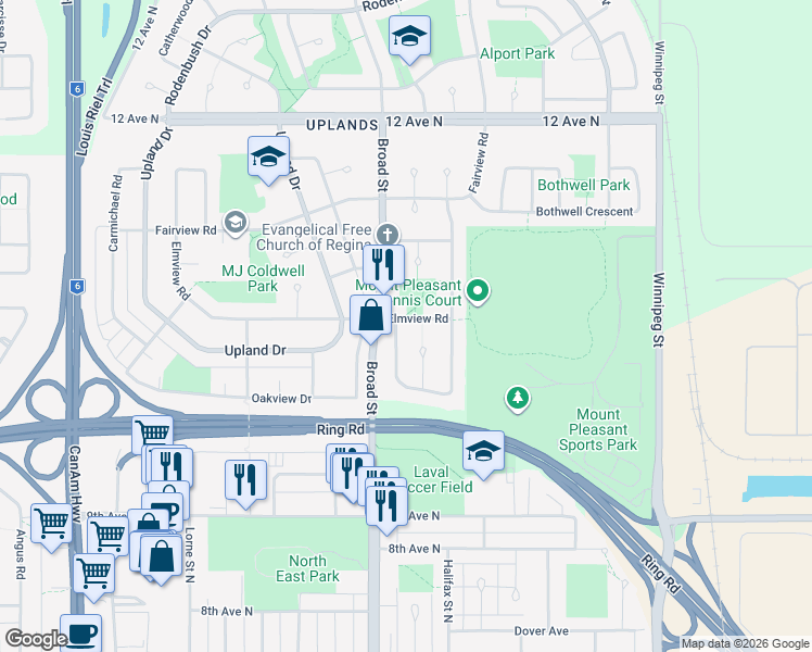 map of restaurants, bars, coffee shops, grocery stores, and more near 31 Lloyd Crescent in Regina