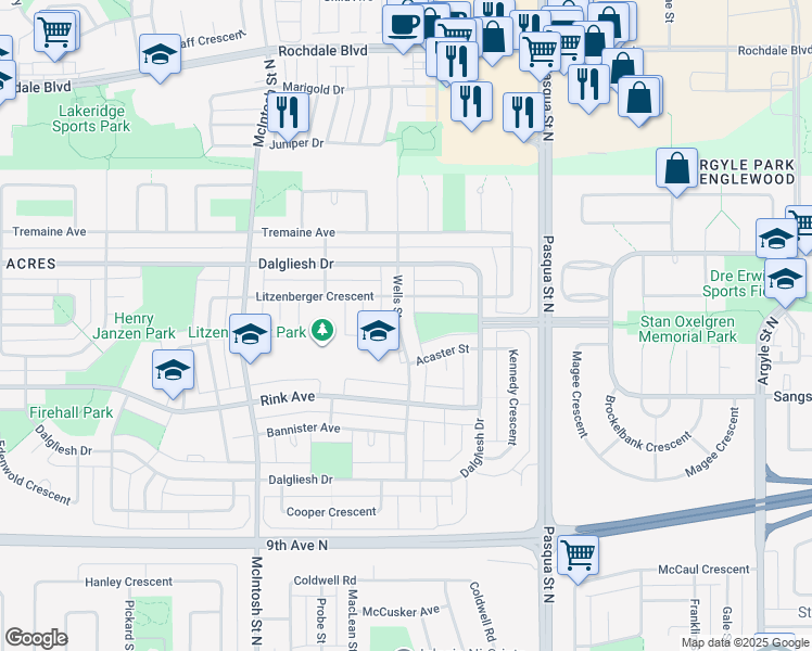 map of restaurants, bars, coffee shops, grocery stores, and more near 195 Wells Street in Regina