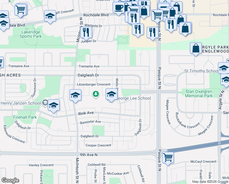 map of restaurants, bars, coffee shops, grocery stores, and more near 202 Wells Street in Regina
