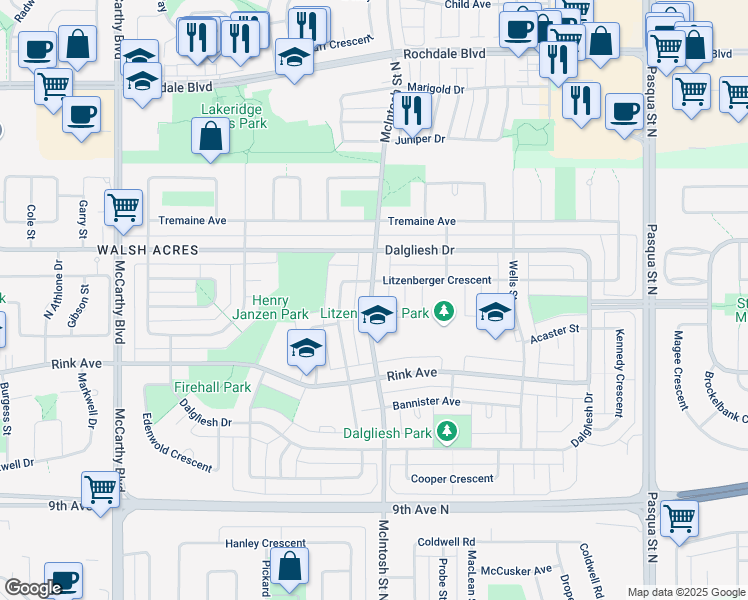 map of restaurants, bars, coffee shops, grocery stores, and more near 818 McIntosh Street North in Regina