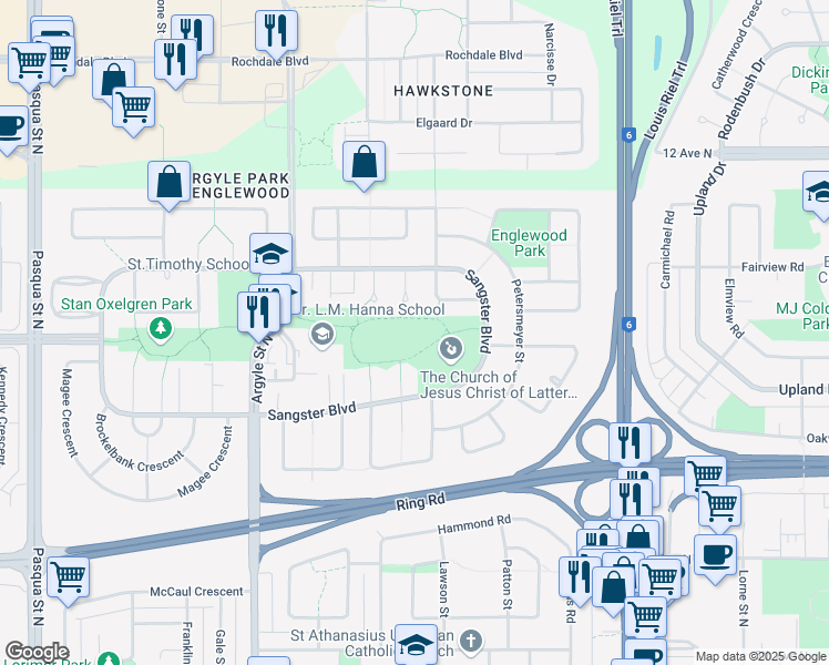 map of restaurants, bars, coffee shops, grocery stores, and more near 496 Sangster Boulevard in Regina