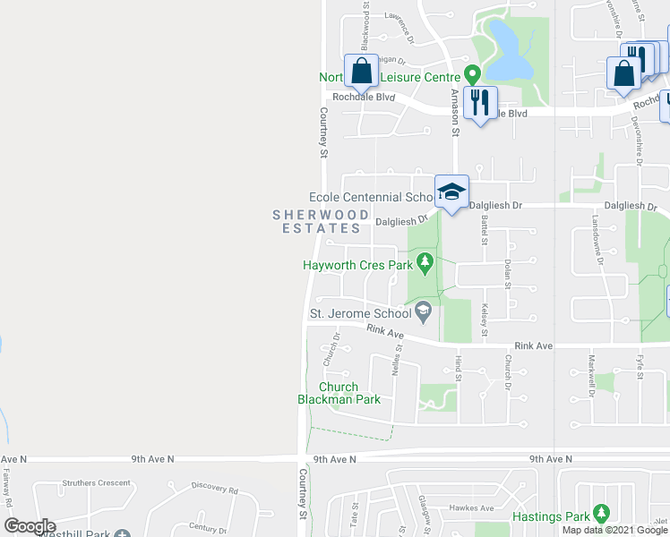 map of restaurants, bars, coffee shops, grocery stores, and more near 7310 Rimmer Bay in Regina