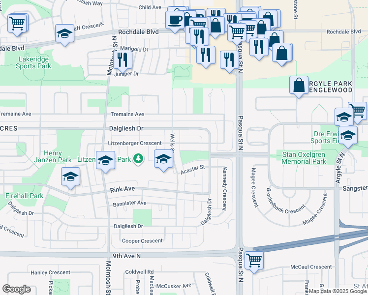 map of restaurants, bars, coffee shops, grocery stores, and more near 67 Litzenberger Crescent in Regina