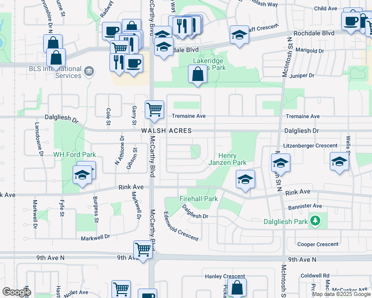 map of restaurants, bars, coffee shops, grocery stores, and more near 98 Pappas Crescent in Regina