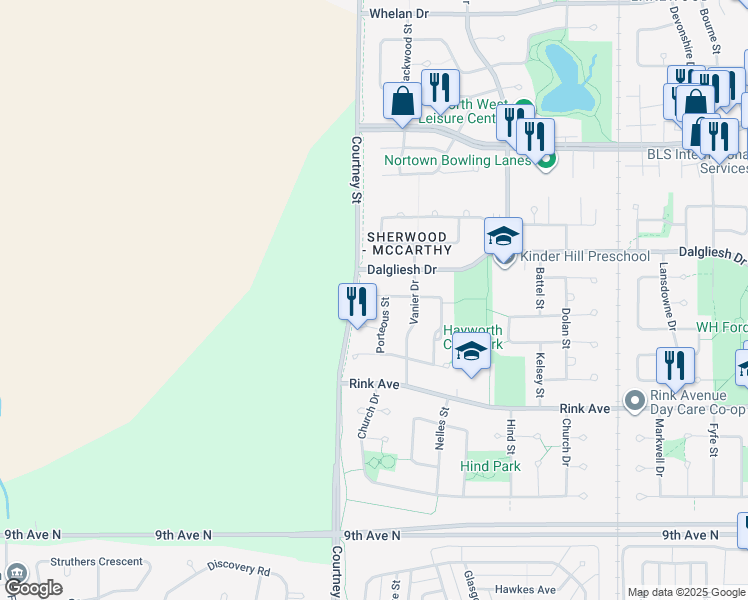 map of restaurants, bars, coffee shops, grocery stores, and more near 7310 Rimmer Bay in Regina