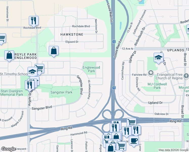 map of restaurants, bars, coffee shops, grocery stores, and more near 2806 Goodfellow Road in Regina