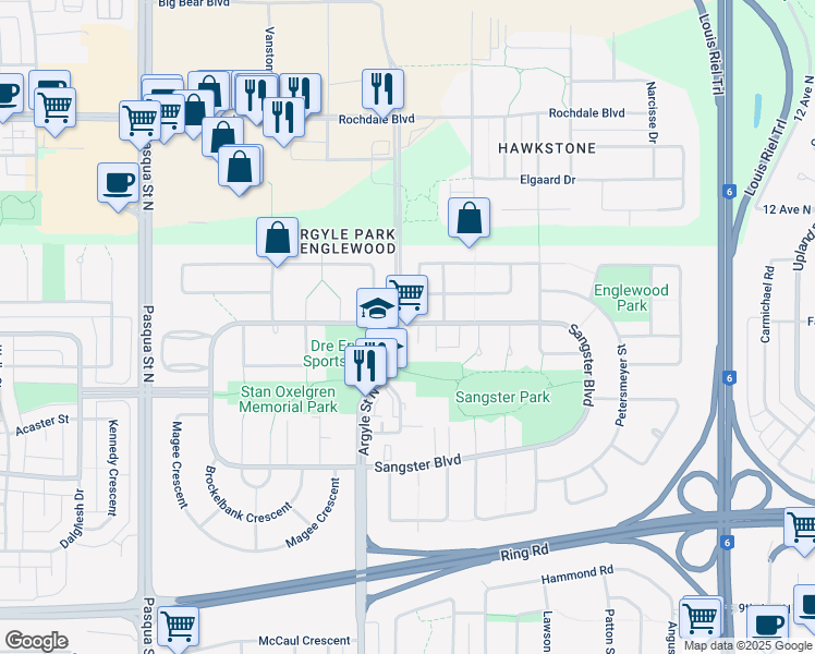 map of restaurants, bars, coffee shops, grocery stores, and more near 961 Argyle Street North in Regina