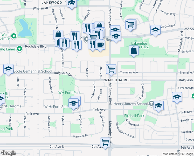 map of restaurants, bars, coffee shops, grocery stores, and more near 907 Garry Street in Regina