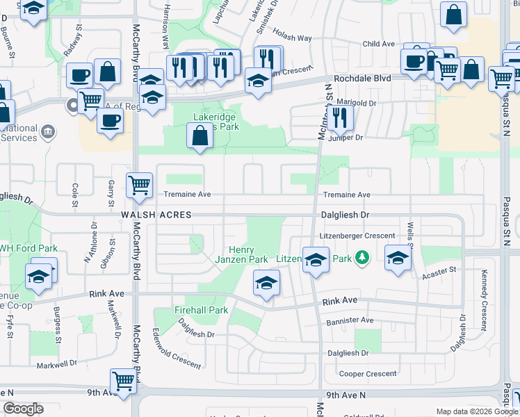 map of restaurants, bars, coffee shops, grocery stores, and more near 375 Dalgliesh Drive in Regina