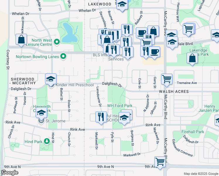 map of restaurants, bars, coffee shops, grocery stores, and more near 840 North Barclay Bay in Regina
