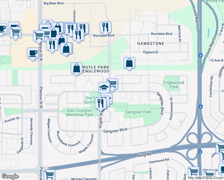 map of restaurants, bars, coffee shops, grocery stores, and more near 315 Sangster Boulevard in Regina