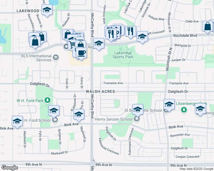 map of restaurants, bars, coffee shops, grocery stores, and more near in Regina
