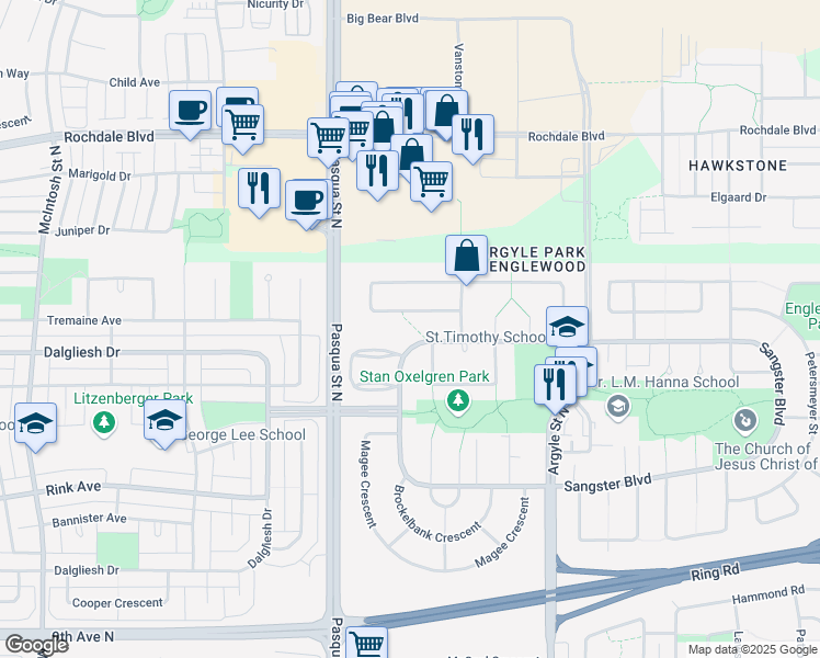 map of restaurants, bars, coffee shops, grocery stores, and more near 281 Trifunov Crescent in Regina