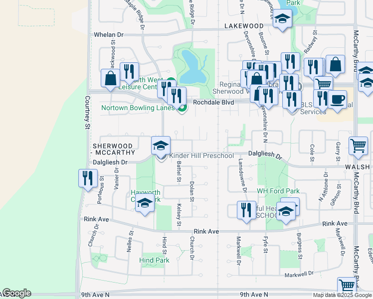 map of restaurants, bars, coffee shops, grocery stores, and more near 6718 Dalgliesh Drive in Regina
