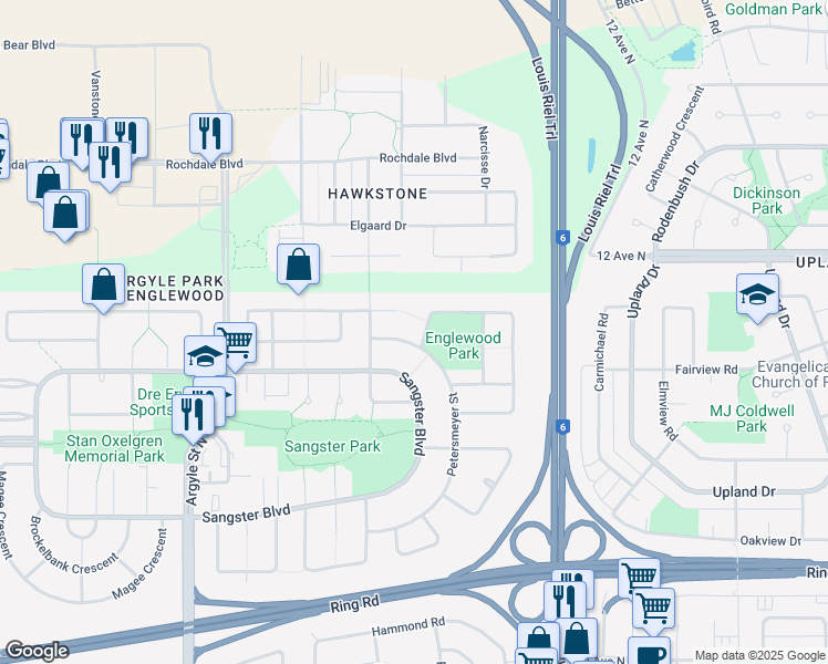 map of restaurants, bars, coffee shops, grocery stores, and more near 2926 Partridge Crescent in Regina