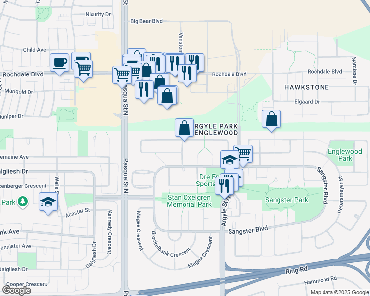 map of restaurants, bars, coffee shops, grocery stores, and more near 327 Trifunov Crescent in Regina