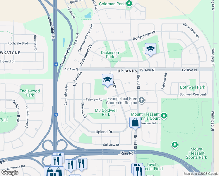 map of restaurants, bars, coffee shops, grocery stores, and more near 302 Upland Drive in Regina