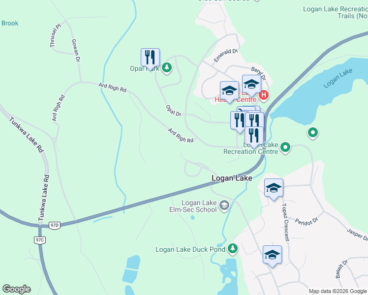 map of restaurants, bars, coffee shops, grocery stores, and more near 25 Agate Drive in Logan Lake