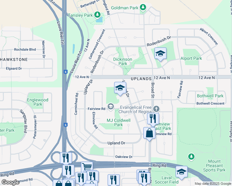 map of restaurants, bars, coffee shops, grocery stores, and more near 302 Upland Drive in Regina