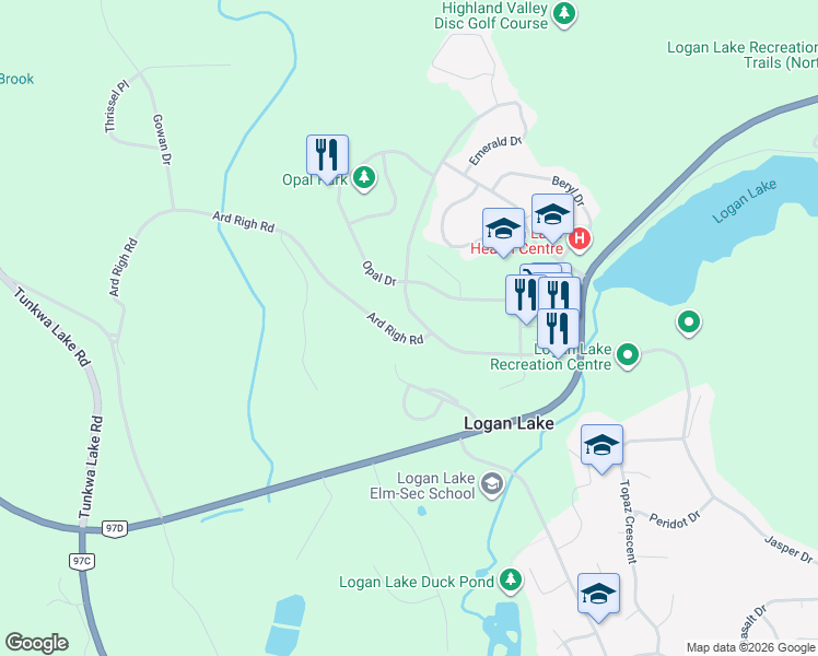 map of restaurants, bars, coffee shops, grocery stores, and more near 25 Agate Drive in Logan Lake