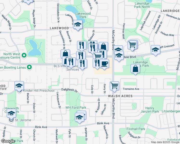 map of restaurants, bars, coffee shops, grocery stores, and more near 5929 Rochdale Boulevard in Regina