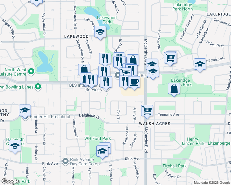 map of restaurants, bars, coffee shops, grocery stores, and more near 5929 Rochdale Boulevard in Regina