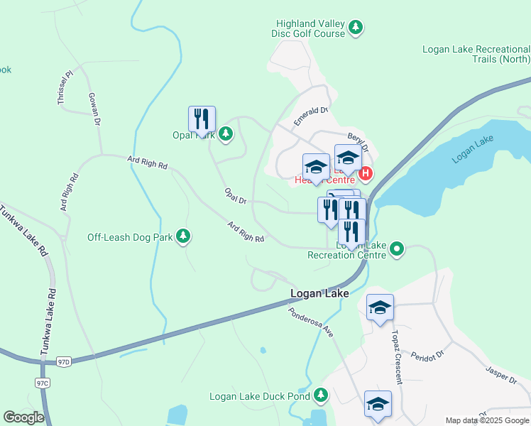 map of restaurants, bars, coffee shops, grocery stores, and more near 400 Opal Drive in Logan Lake
