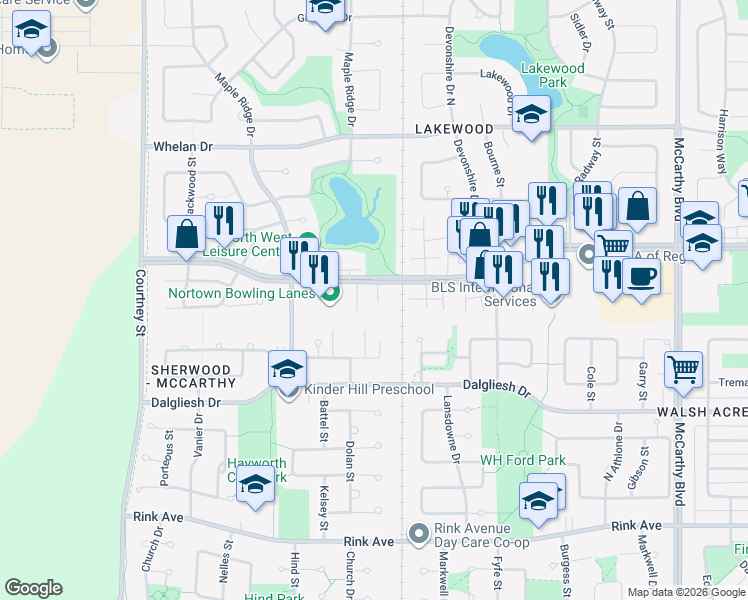map of restaurants, bars, coffee shops, grocery stores, and more near 6725 Rochdale Boulevard in Regina
