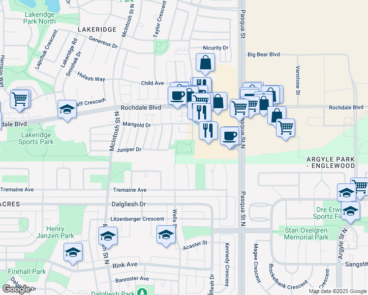 map of restaurants, bars, coffee shops, grocery stores, and more near Stockton Street in Regina