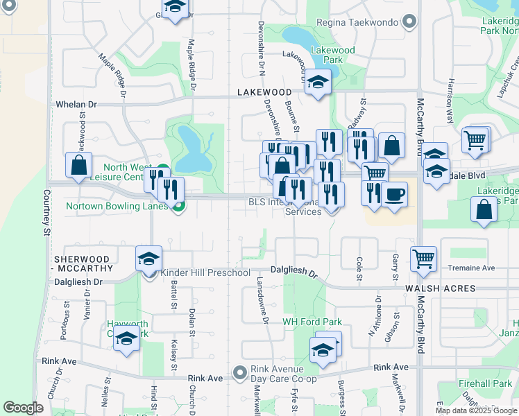 map of restaurants, bars, coffee shops, grocery stores, and more near 6585 Rochdale Boulevard in Regina