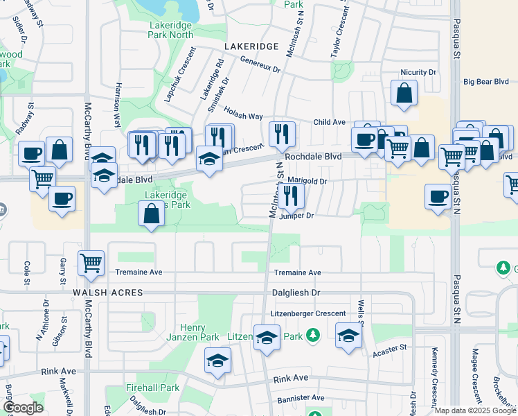 map of restaurants, bars, coffee shops, grocery stores, and more near 5023 Primrose Lane in Regina