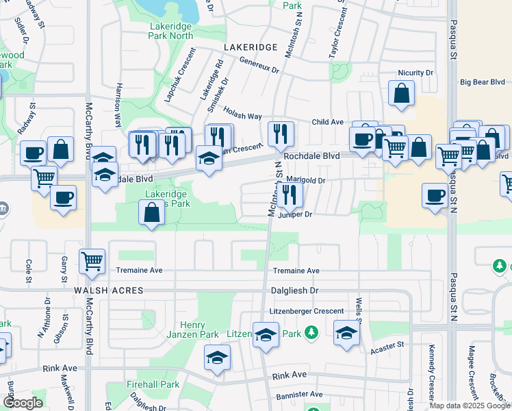 map of restaurants, bars, coffee shops, grocery stores, and more near 5023 Primrose Lane in Regina